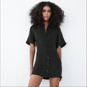Zara Black Button Down Mini Dress sz M Flowy Short Sleeve Vneck Academia Baddie